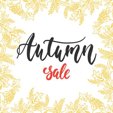 Sonbahar sonbahar satış - elle çizilmiş latin harflerle çelenk beyaz arka plan üzerinde izole yaprakları gelen teklifle. Eğlenceli fırça mürekkep yazıt tebrik kartı veya afiş tasarımı için.