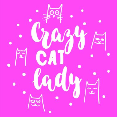 Deli kedi kadın - pembe arka plan üzerinde hayvan severler için ifade yazı elle çizilmiş. Eğlenceli fırça mürekkep vektör çizim afiş, tebrik kartı, afiş tasarımı için.