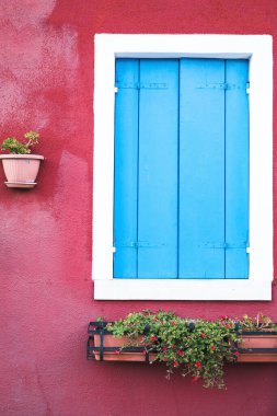Pencerelerinde kapalı panjurlar ve saksı çiçekleri olan beton bir duvar. Yüzey dokusu. Tipik İtalyan Venedik penceresi. Yaşlanma etkisiyle soyut grunge parlak renk arkaplanı. Kopyalama alanı.