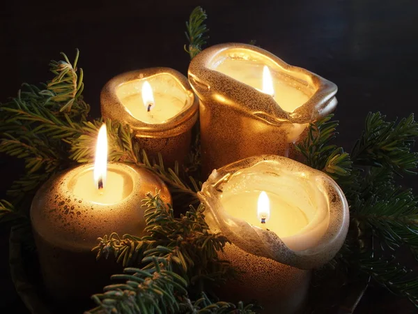 Cuatro velas de oro y pino —  Fotos de Stock