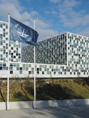 Lahey, Hollanda - 3 Kasım 2017: Bayrak ve yeni 2015, Uluslararası Ceza Mahkemesi ICC Binası açıldı.