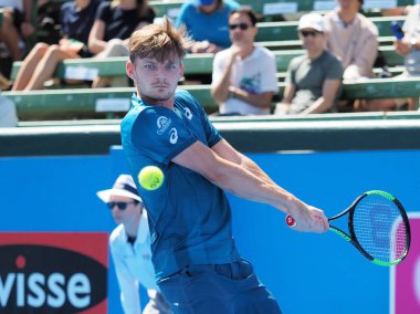 Melbourne, Avustralya - 9 Ocak 2018: Tenis oyuncusu David Goffin Avustralya Açık'Kooyong klasik sergi turnuva için hazırlanıyor 