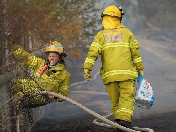 Melbourne, Avustralya - 13 Nisan 2018: İtfaiyeciler bir çit bir banliyö bölgesi Knox City Melbourne Doğu bush yangın sırasında.