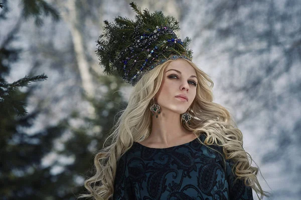 Retrato de una modelo de niña en una hermosa corona en la madera de invierno — Foto de Stock