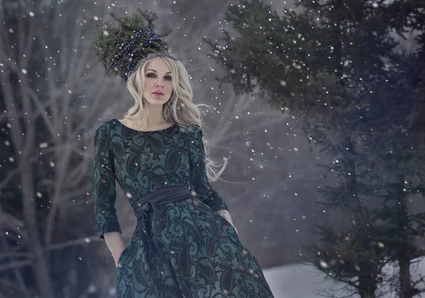 Modelo de niña en el bosque de invierno en un hermoso vestido y una corona de — Foto de Stock