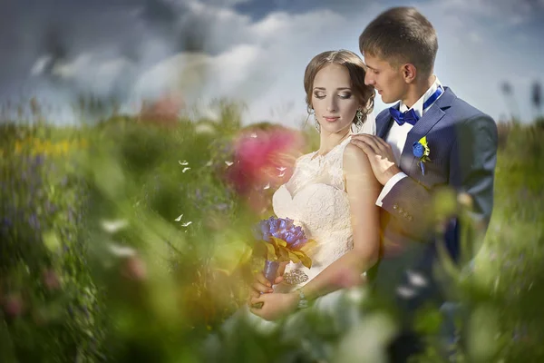 Boda novia y novio en hermosos vestidos en la naturaleza de th — Foto de Stock