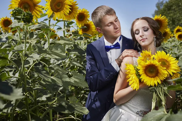 Boda novia y novio en trajes hermosos en el campo con s — Foto de Stock