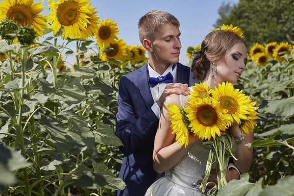 Boda novia y novio en trajes hermosos en el campo con s — Foto de Stock