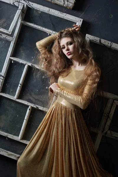 Retrato de una modelo de niña en un vestido elegante y decoraciones . — Foto de Stock