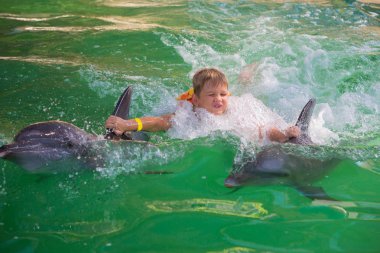 Bir çocuk, Bebek, manken yunuslarla yıkıyor. Adam, bir memeli bir do