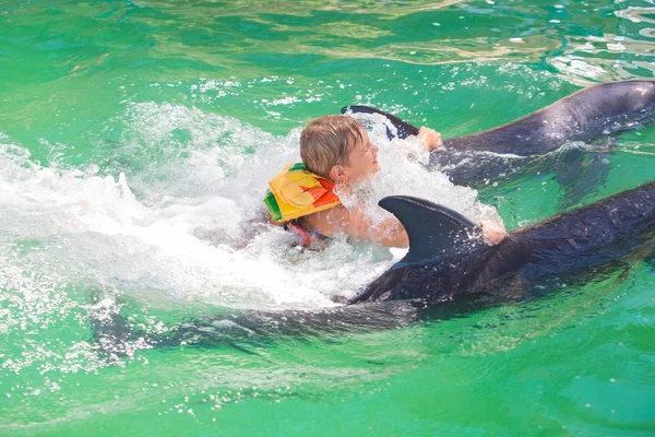 Ένα αγόρι, ένα μωρό, ένα μοντέλο λούζει με δελφίνια. Ο άνθρωπος, ένα θηλαστικό, ένα do — Φωτογραφία Αρχείου
