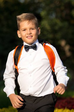 Bir çocuk, bir evrak çantası ile bir öğrenci, bir sırt çantası içinde t portresi