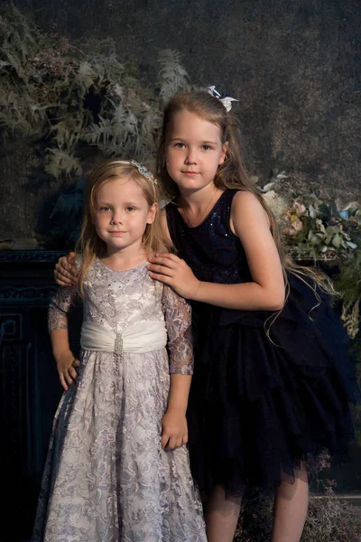 Duas raparigas, irmãs. namorada, modelo em um belo estúdio com — Fotografia de Stock