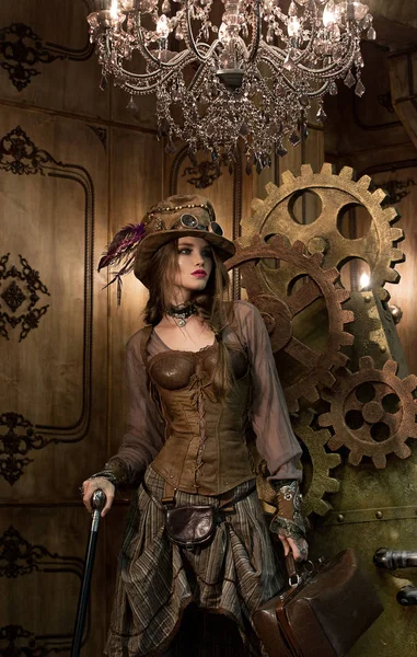 Beautiful girl, model in the style of a steampunk in a beautiful — Stock Photo, Image