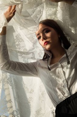 Bir kız, bir pencerede hangi güneş ışığı pene yakınındaki bir model portresi