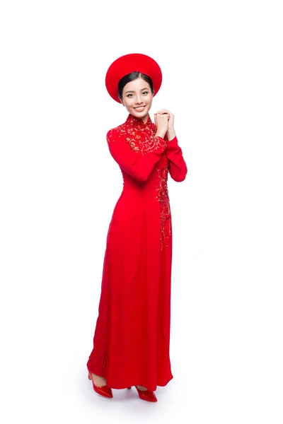 Joven mujer vietnamita en Ao Dai Vestido con gesto de oración deseo —  Fotos de Stock