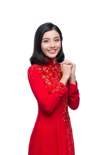 Jovem mulher vietnamita em Ao Dai vestido com desejo gesto de oração — Fotografia de Stock