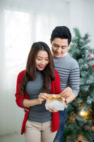 Karácsony ázsiai pár otthon — Stock Fotó