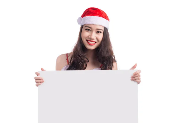 Boże Narodzenie azjatycki dziewczynka trzymając pusty znak — Zdjęcie stockowe