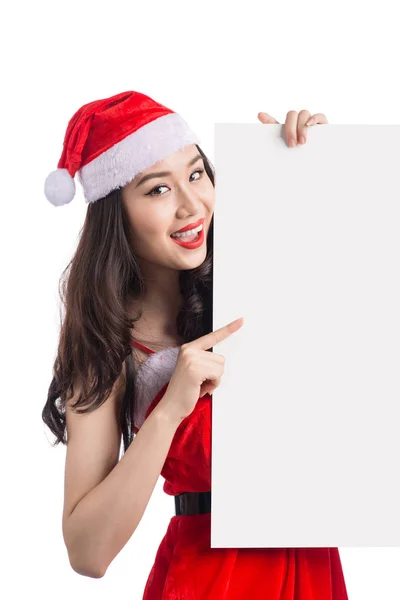 Weihnachtsfrau zeigt leeres Banner — Stockfoto