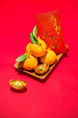 Çin Yeni Yılı'nın dekorasyon. Mandalina ve altın sycee. Metin demek mutlu