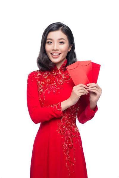 Egy gyönyörű ázsiai nő a hagyományos fesztivál költség portréja — Stock Fotó