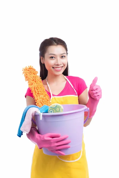 Sorrindo jovem limpeza asiático senhora com rosa luvas de borracha mostrando ok sinal com polegares para cima sobre branco — Fotografia de Stock