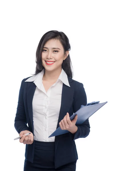Πορτρέτο της μια ελκυστική νεαρή επιχειρηματίας με μπλε φάκελο, — Φωτογραφία Αρχείου