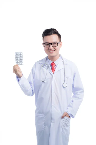 Happy asian doctor with drug — Stock Photo, Image