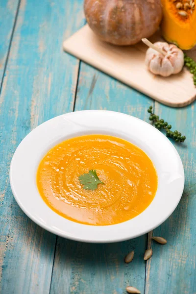 Top view of pumpkin and carrot soup — Stock Photo, Image