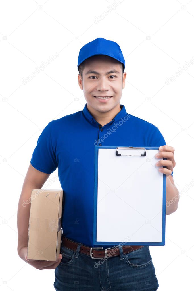 salesman with parcel and clipboard
