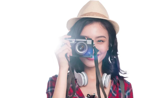 Asian female traveler taking picture — Stock Photo, Image