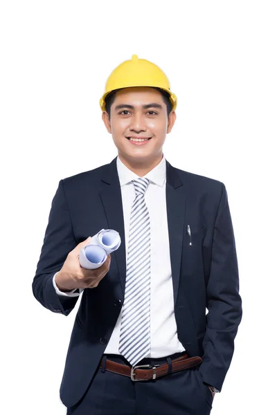 在白色背景上工作的年轻亚洲英俊建筑师 — 图库照片