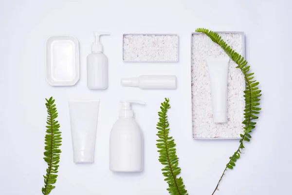 Cosmetics packaging with green leaves — Stock Photo, Image