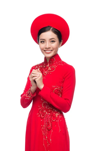 Noiva vietnamita em vestido e chapéu — Fotografia de Stock