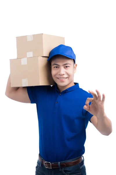 Cartero con cajas de paquetes — Foto de Stock