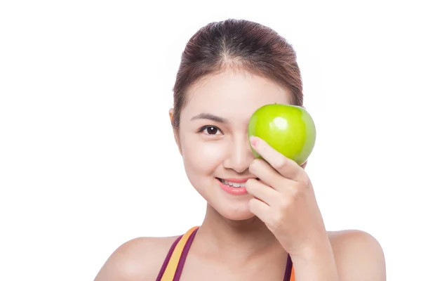Asiatisk kvinna med ett äpple — Stockfoto