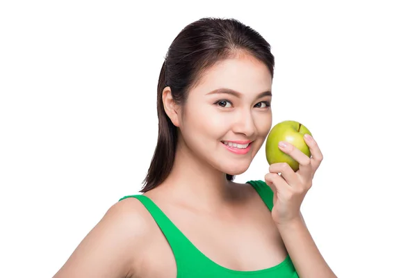 Κορίτσι εκμετάλλευση πράσινο μήλο — Φωτογραφία Αρχείου