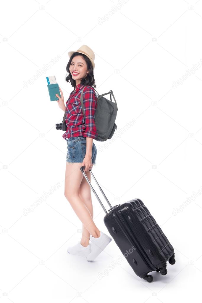 woman traveler with suitcase and passport