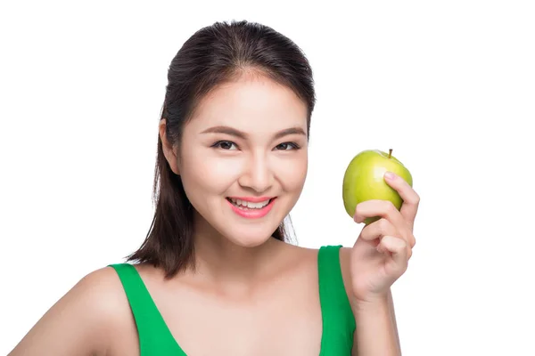 Lány gazdaság zöld alma — Stock Fotó