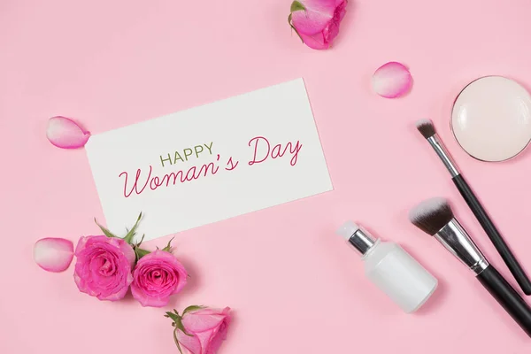 Cartão de dia da mulher com rosas rosa — Fotografia de Stock