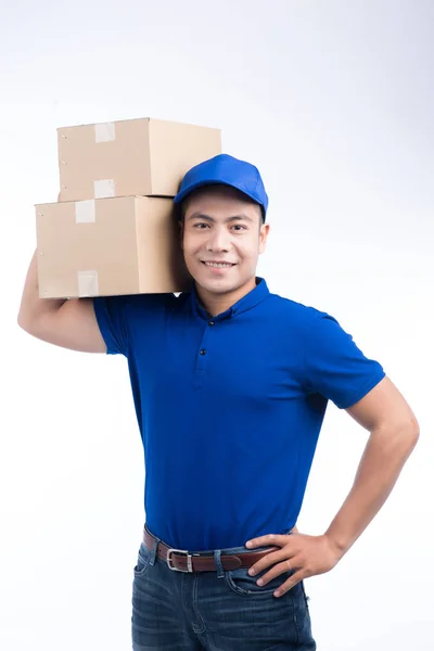 Carteiro com caixas de encomenda — Fotografia de Stock
