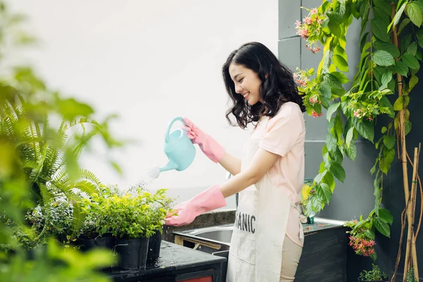 Perempuan tukang kebun menyiram tanaman — Stok Foto