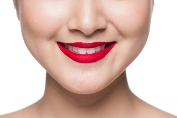 Γυναίκα, χαμογελαστά χείλη με κόκκινο κραγιόν — Φωτογραφία Αρχείου