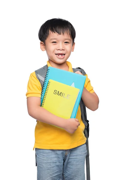 Sırt çantası ve kitap bir çocuk — Stok fotoğraf