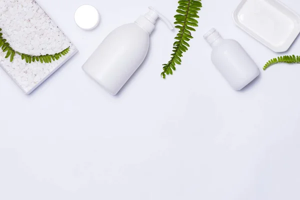 Cosmetica verpakkingen met groene bladeren — Stockfoto