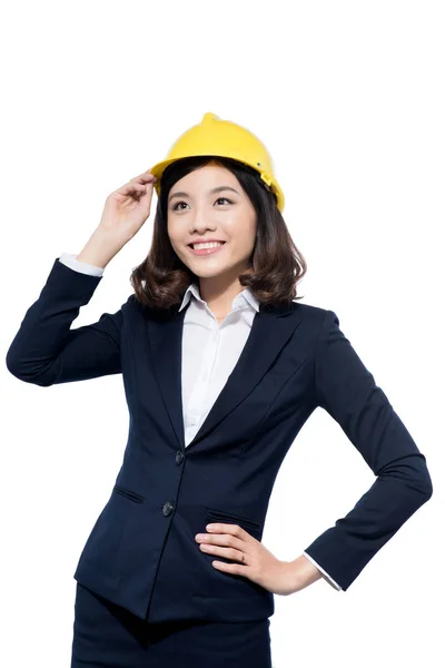 Arquiteto mulher vestindo capacete — Fotografia de Stock