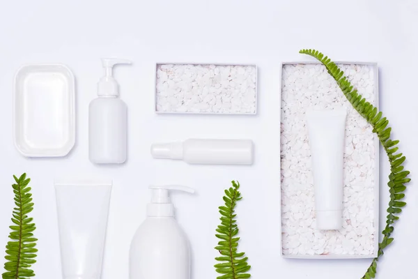 Embalagem de cosméticos com folhas verdes — Fotografia de Stock