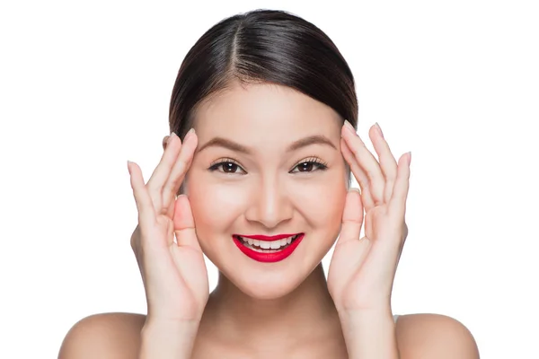赤い唇分離 o レトロ化粧品で美しいアジアの女性 — ストック写真