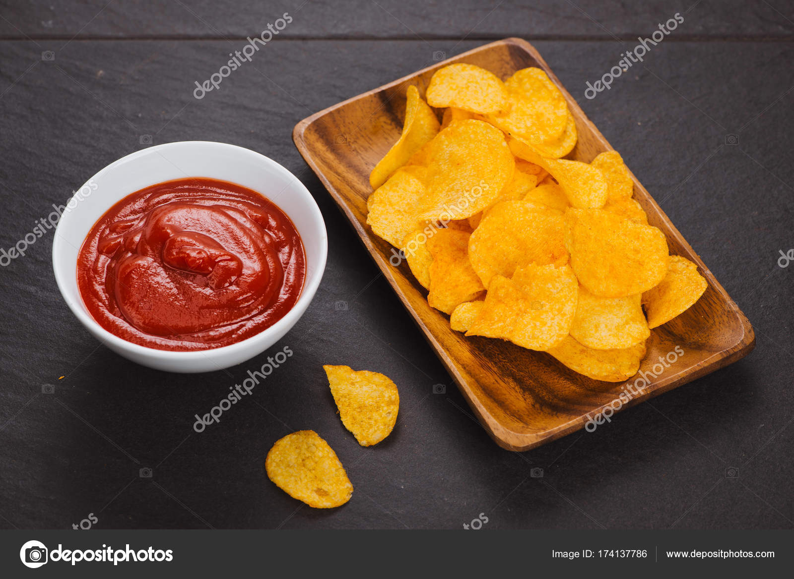 Potato Chips Ketchup Beer Snack Unhealthy Eating Stock Photo by ©makidotvn 174137786